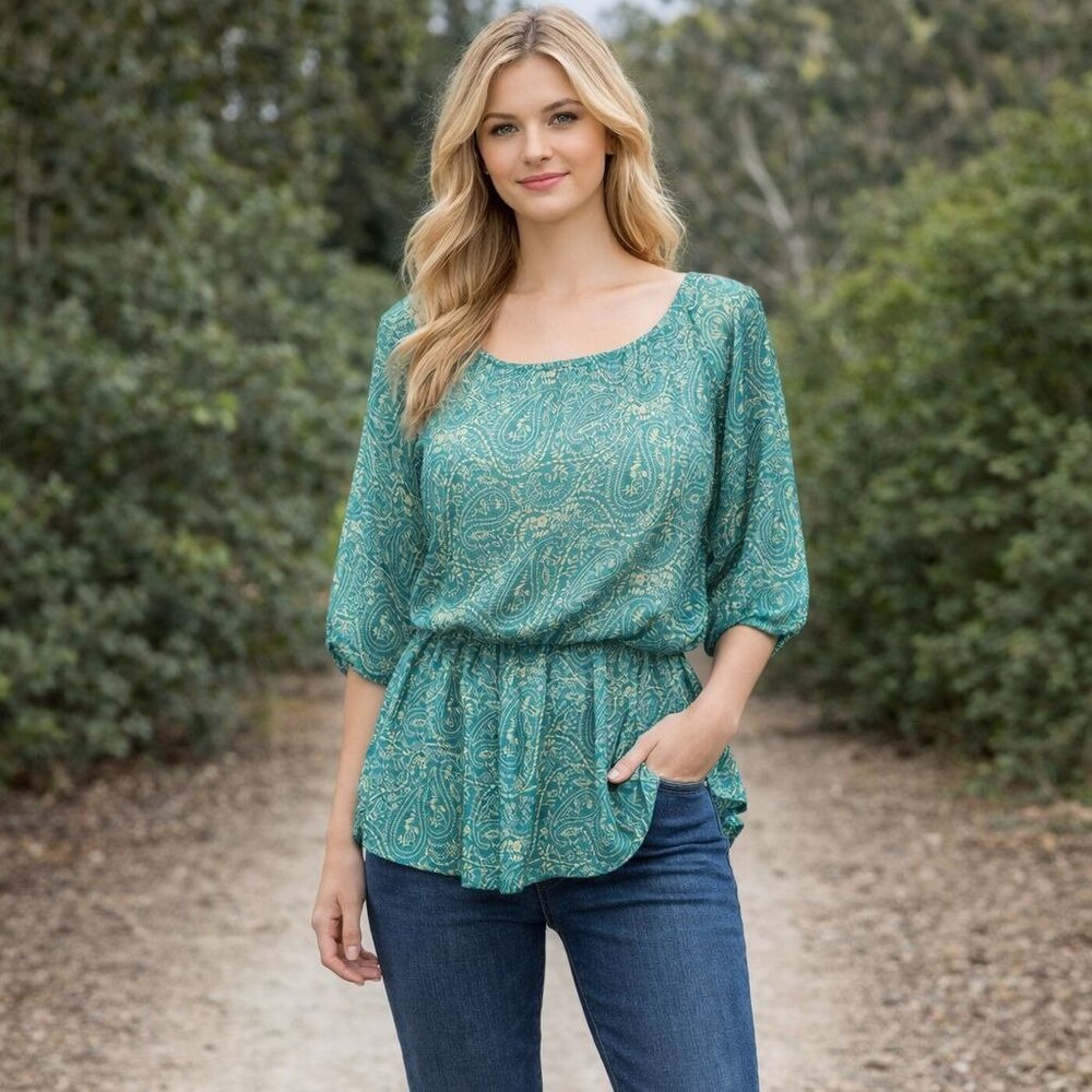 Bohemian Top Shirt Womens M Sheer Green Paisley Lined Blouse Gypsy 3/4 Sleeves T